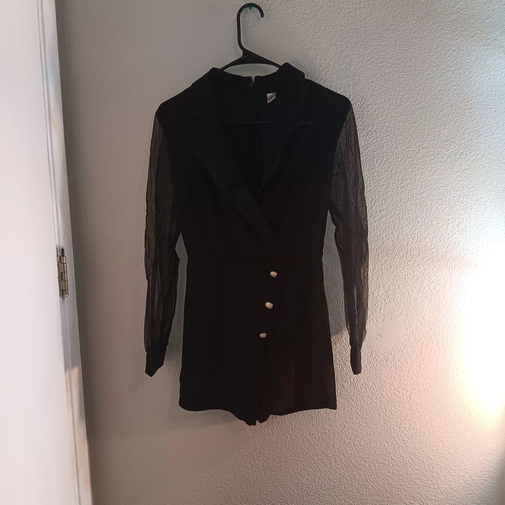 Elegant Black Romper with Sheer Sleeves